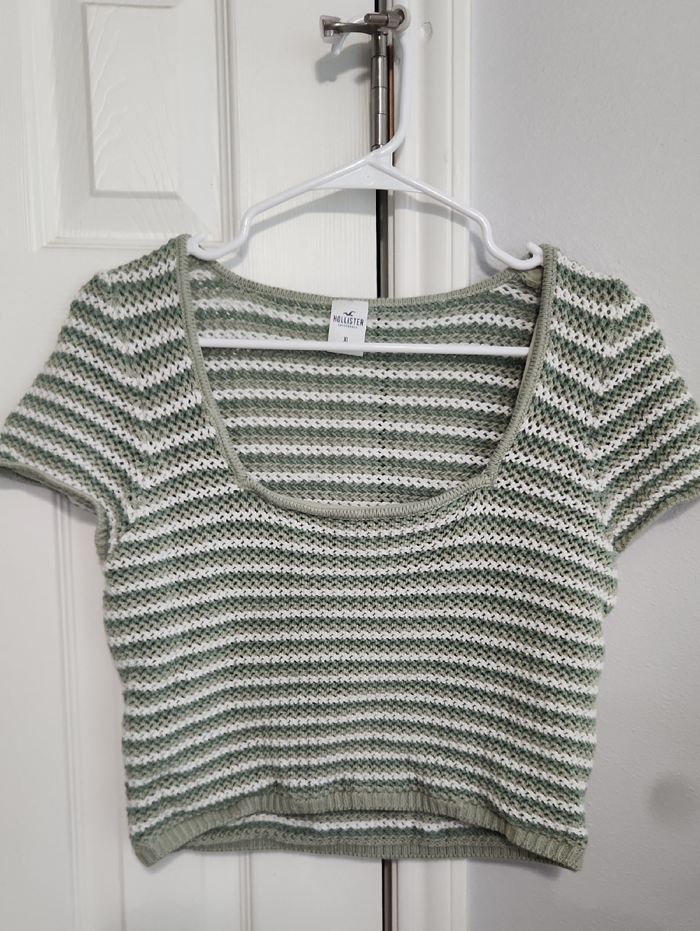 Hollister Green and White Striped Crochet Crop Top